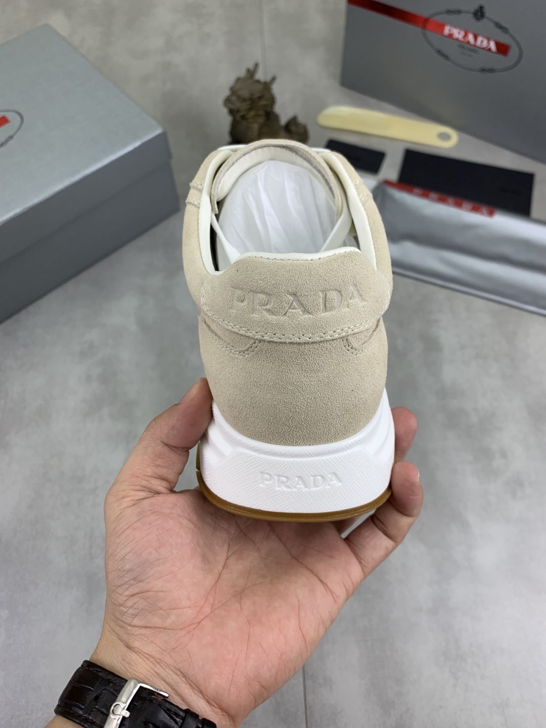 Prada Suede Calfskin Sneakers Beige