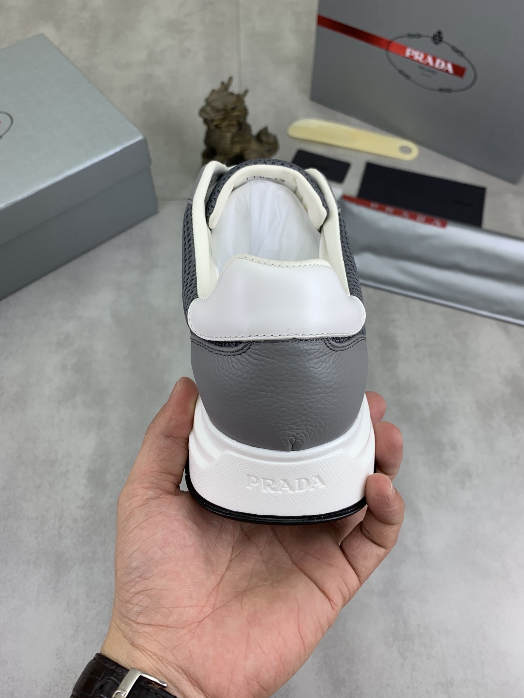 Prada Calfskin Mesh Sneakers Grey