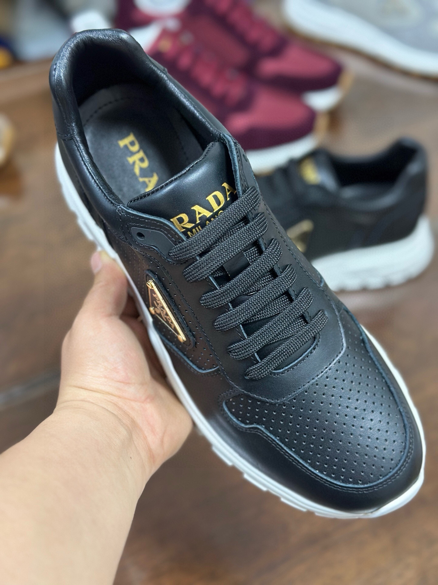 Prada Prax 2.0 Perforated Leather Sneakers Black