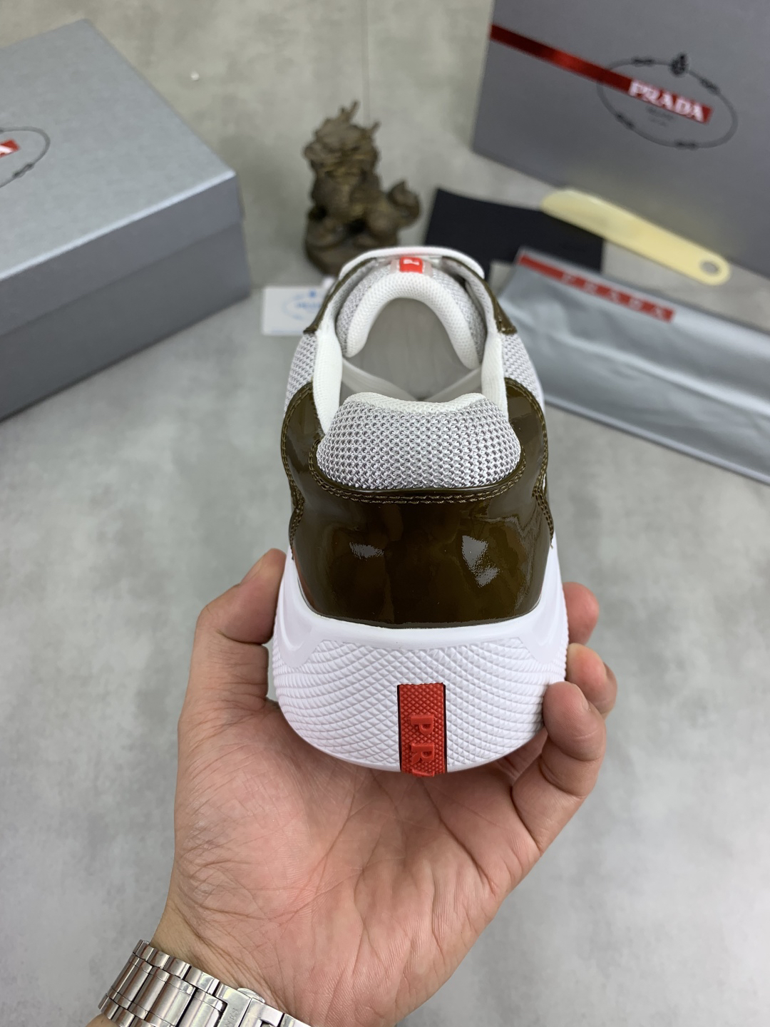 Prada Leather Mesh Sneakers Olive