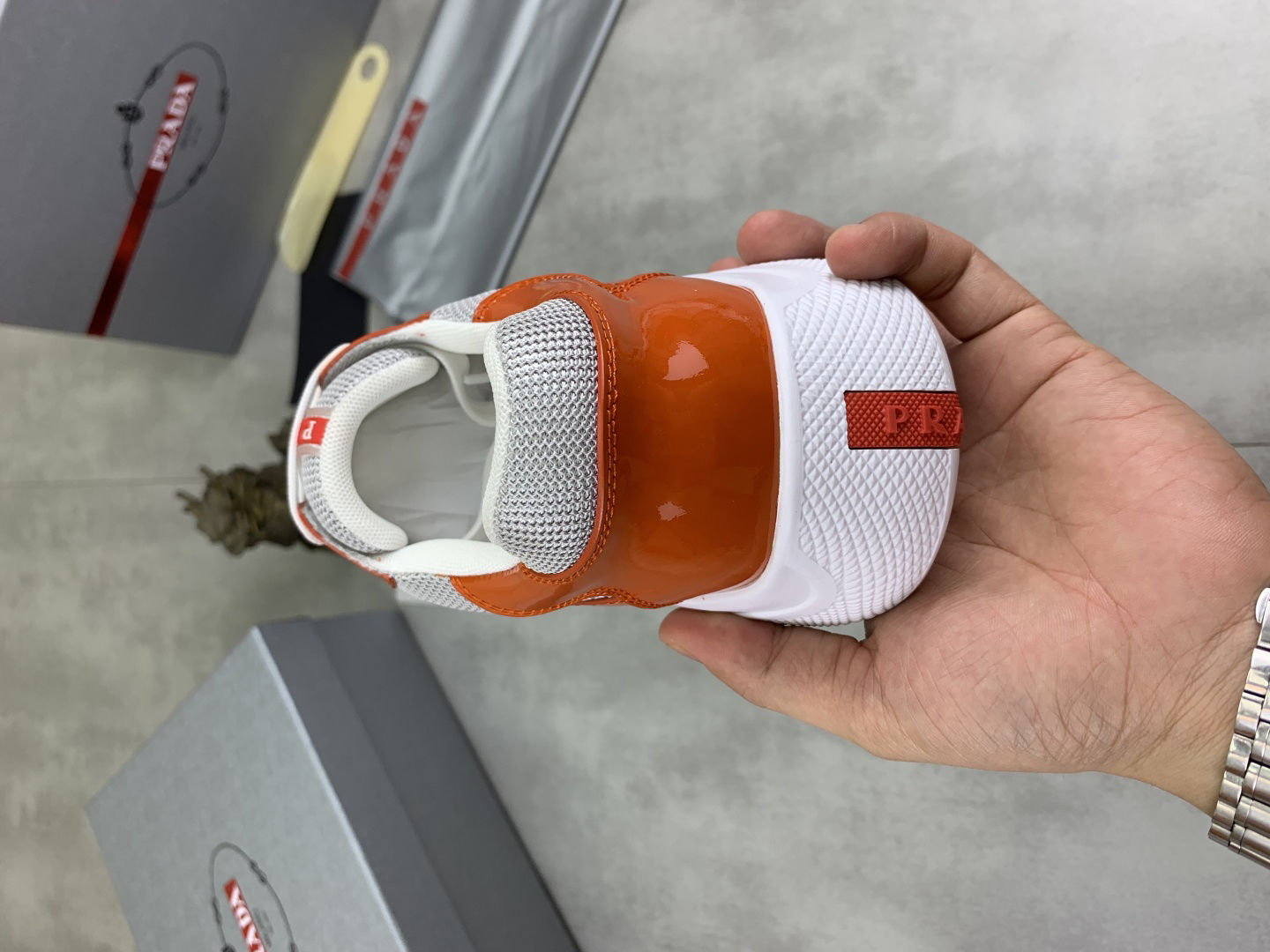 Prada Leather Mesh Sneakers Orange