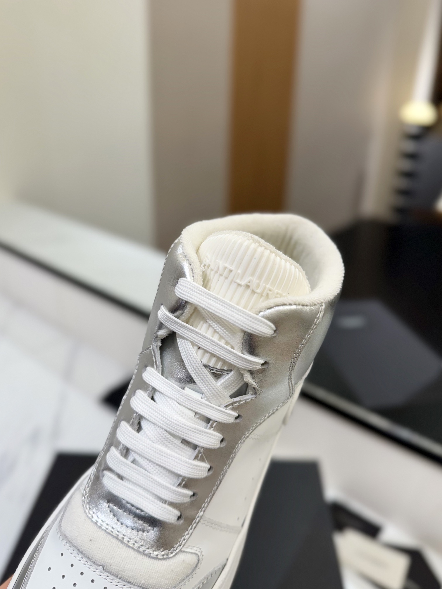YSL SL61 Leather High-Top Sneakers Silver/White