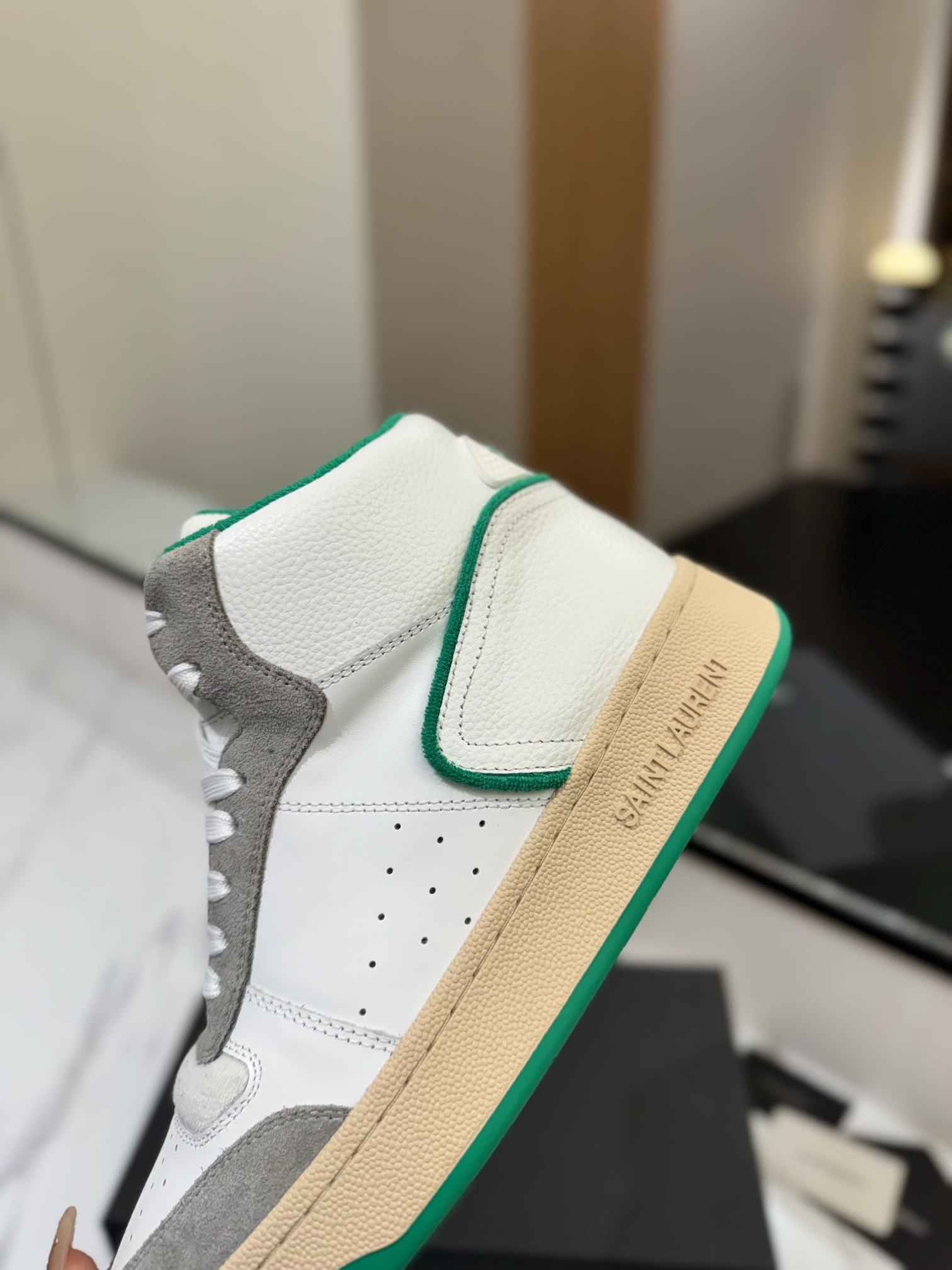 YSL SL61 Leather High-Top Sneakers White/Green