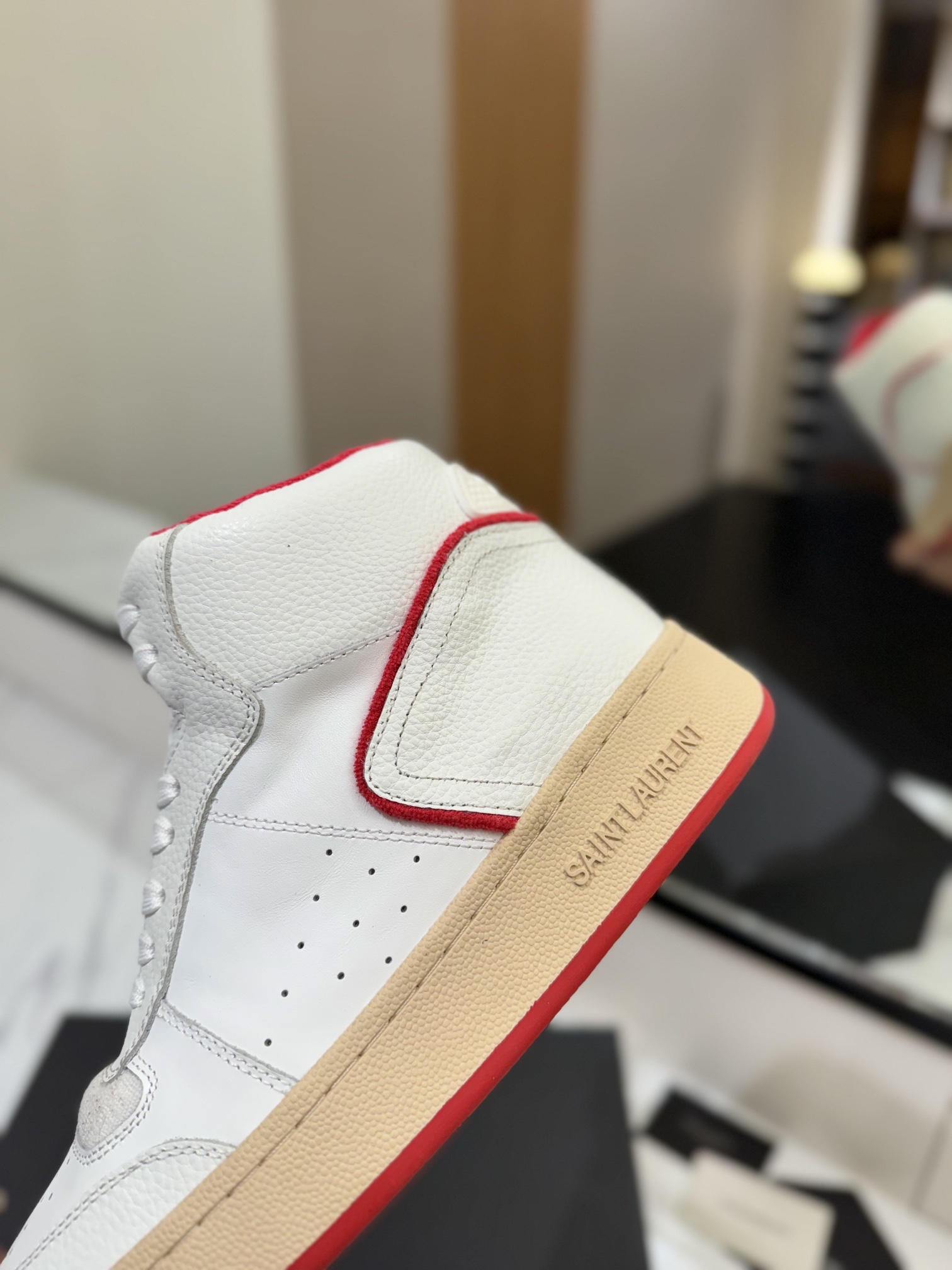 YSL SL61 Leather High-Top Sneakers White/Red