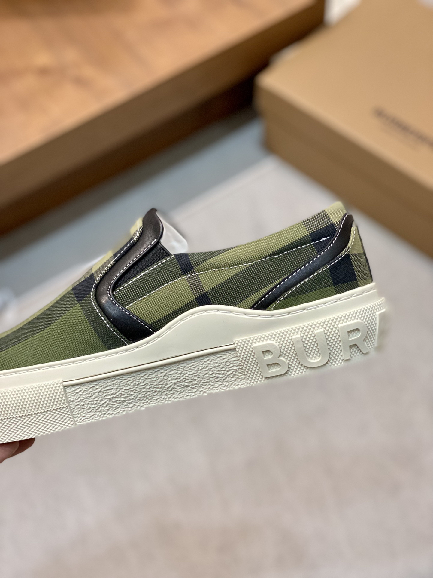 Burberry Check Slip-On Sneakers Olive