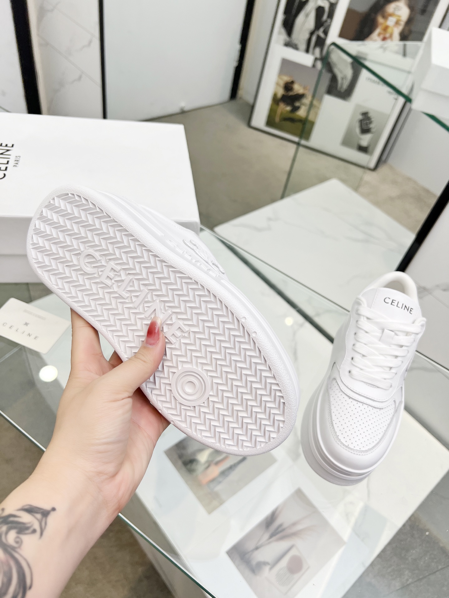 CELINE Triomphe Wedge Platform Sneakers White