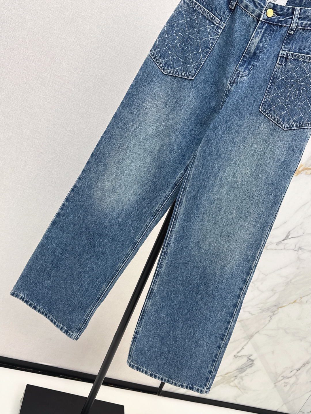 Chanel Logo Quilted Straight Jeans Blue