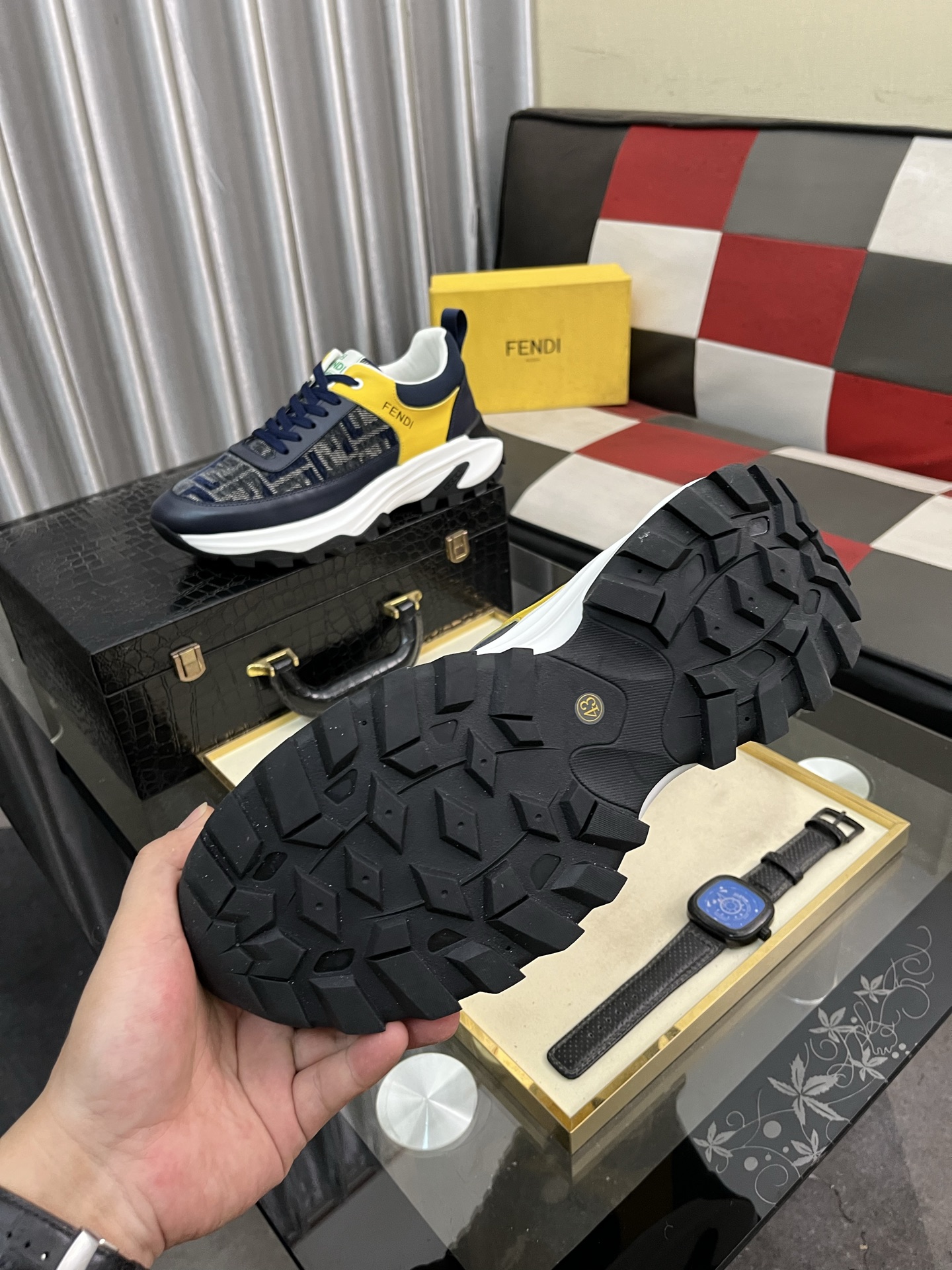 Fendi Leather Chunky Sneakers Navy/Yellow