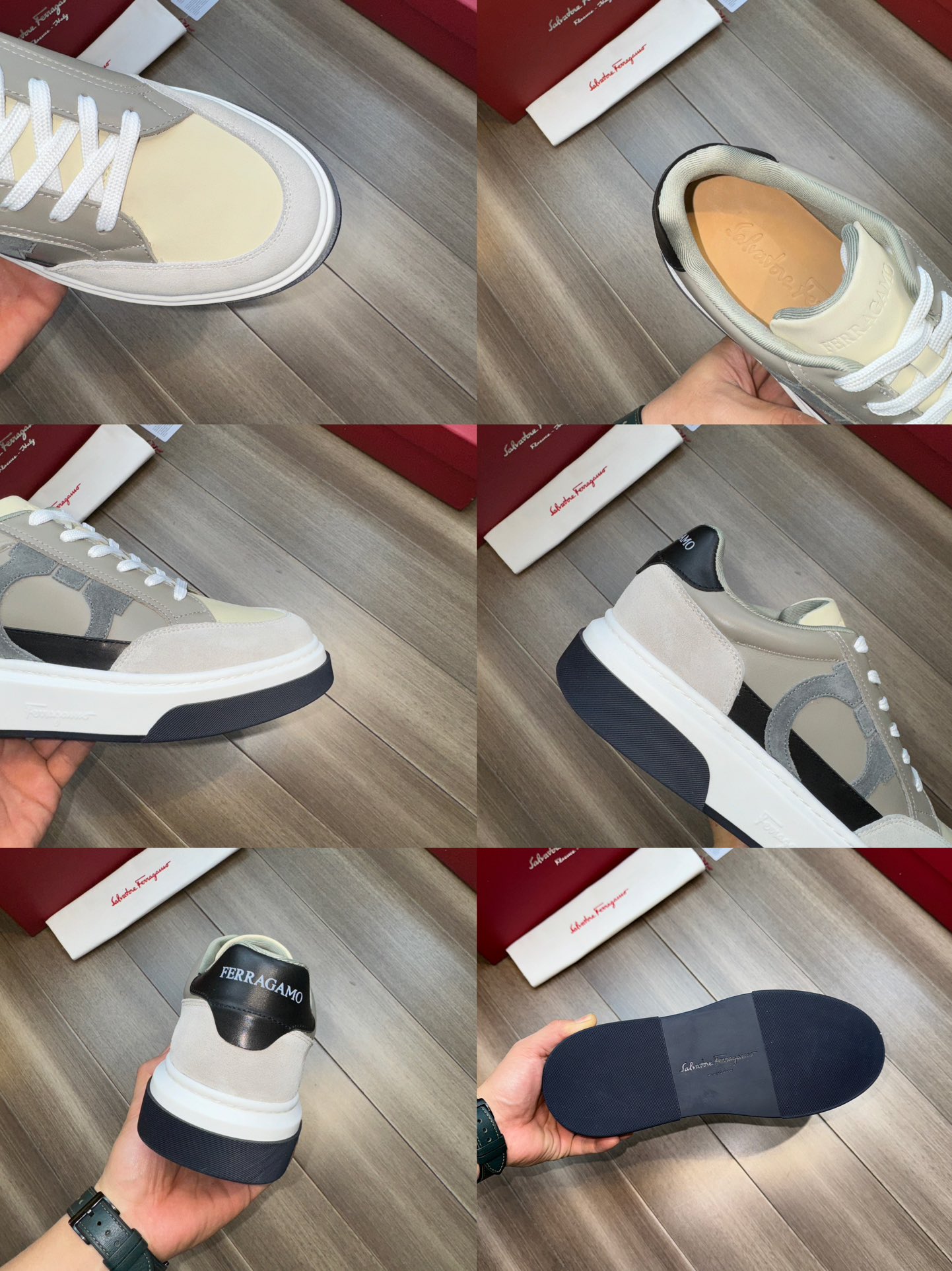 Ferragamo Suede Leather Low-Top Sneakers Grey/White/Black