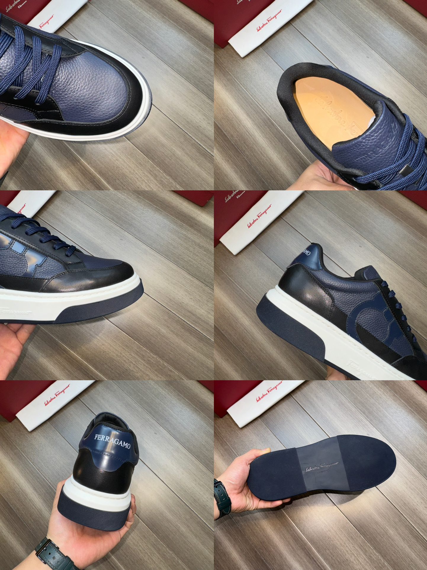 Ferragamo Logo Stitch Low-Top Sneakers Navy/Black