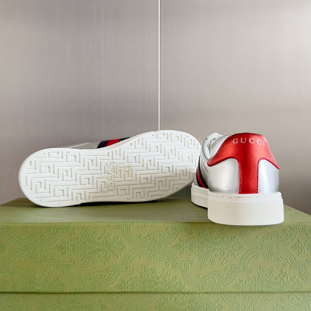 Gucci Ace Leather Sneakers Silver