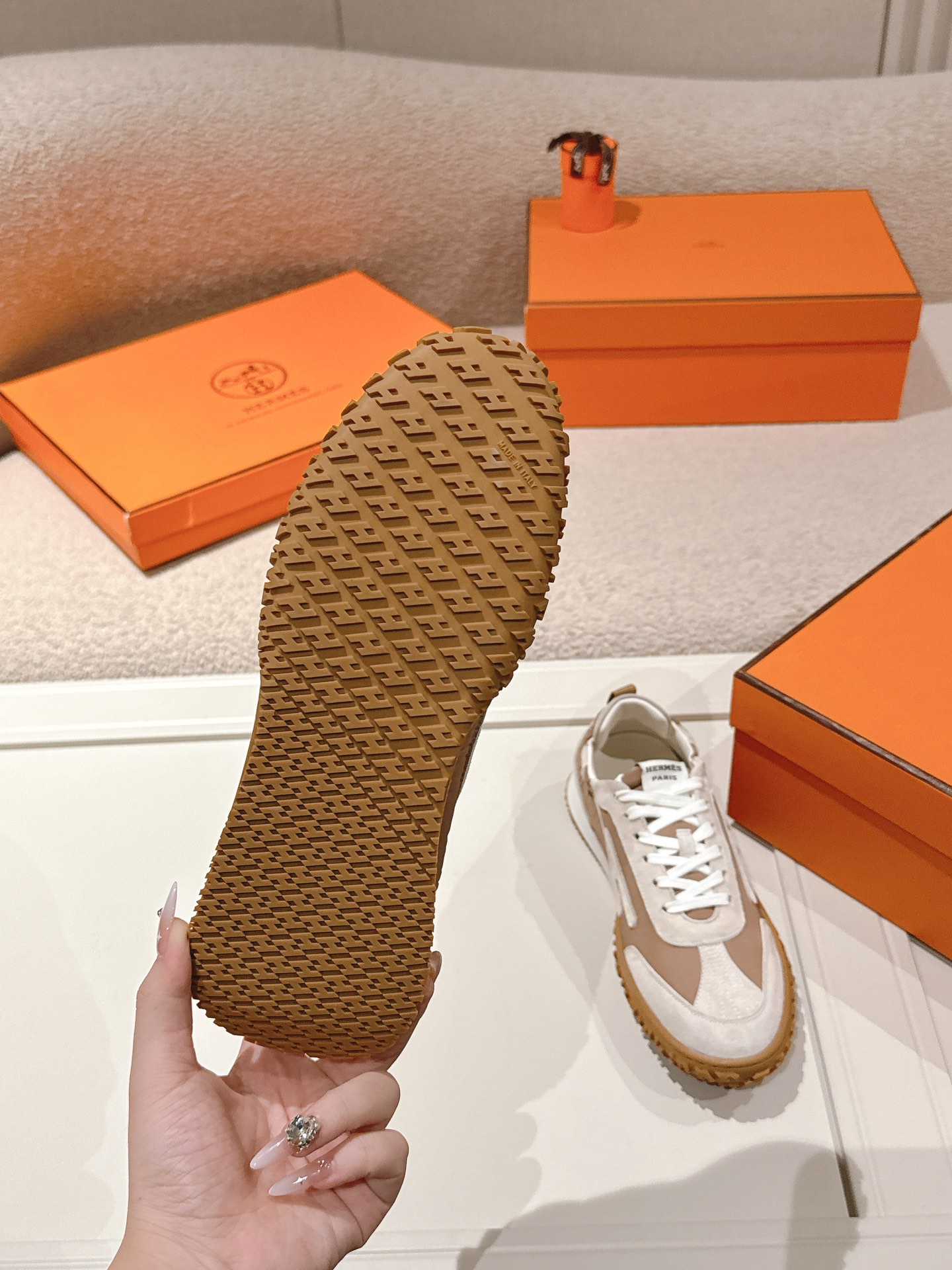 Hermes H Suede Sport Sneakers Tan/White