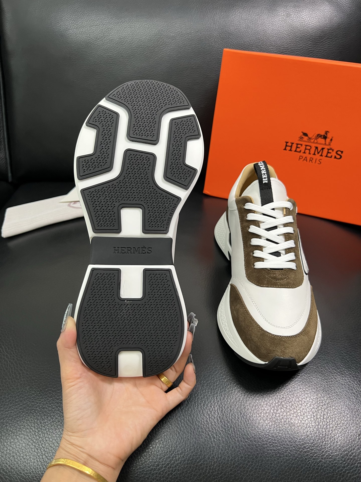 Hermes Leather & Suede Low Sneakers White/Brown