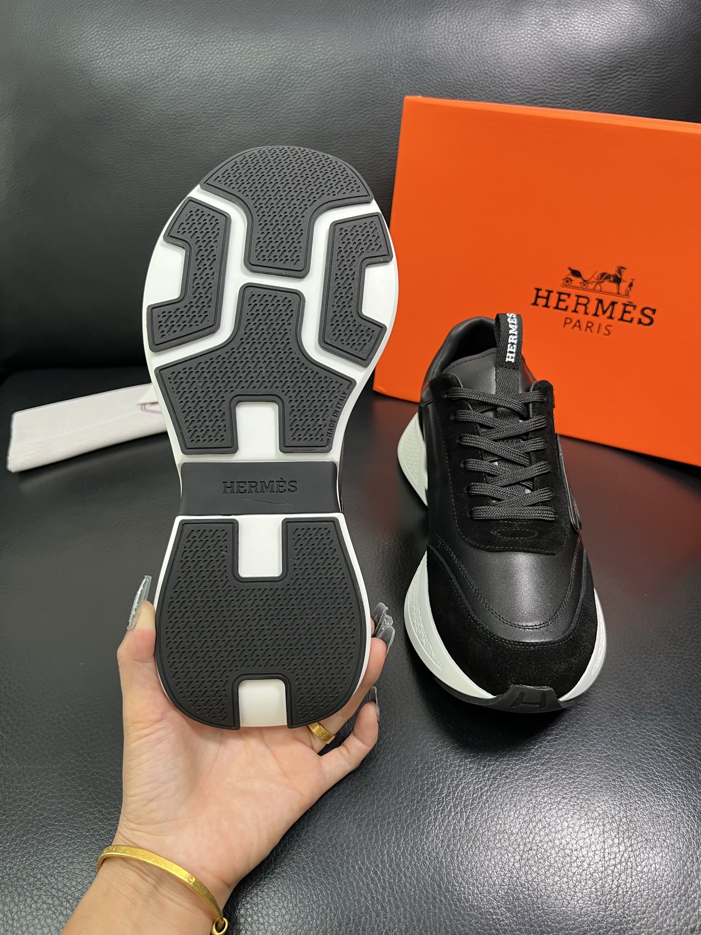 Hermes Leather Low-Top Sneakers Black