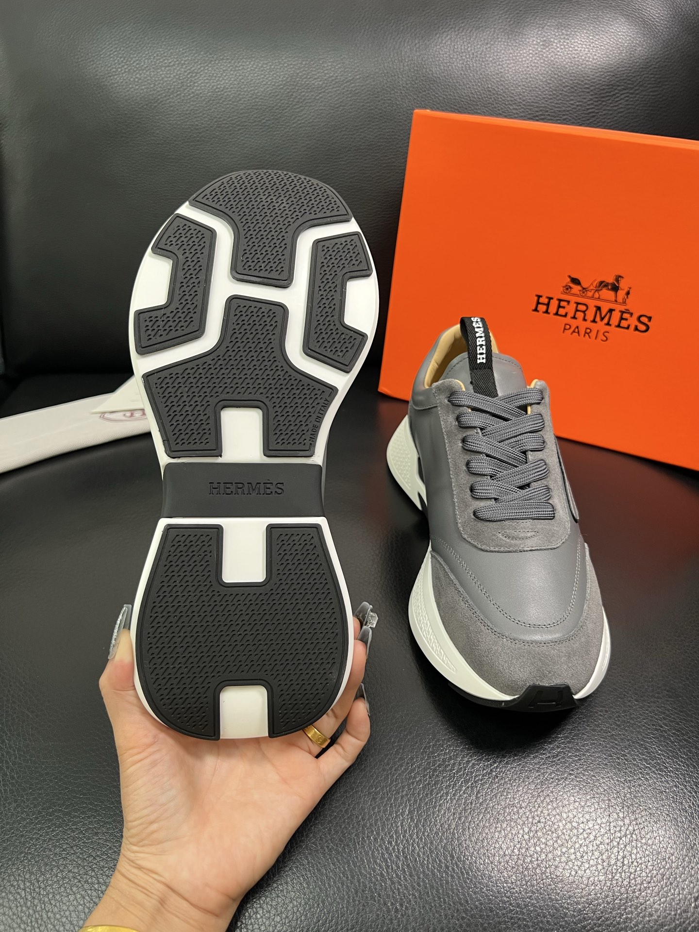 Hermes Leather Suede Sneakers Grey