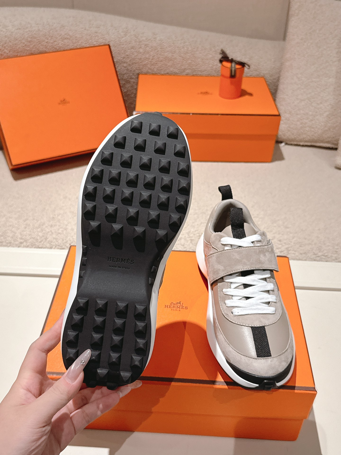 Hermes Leather Suede Sneakers Gray