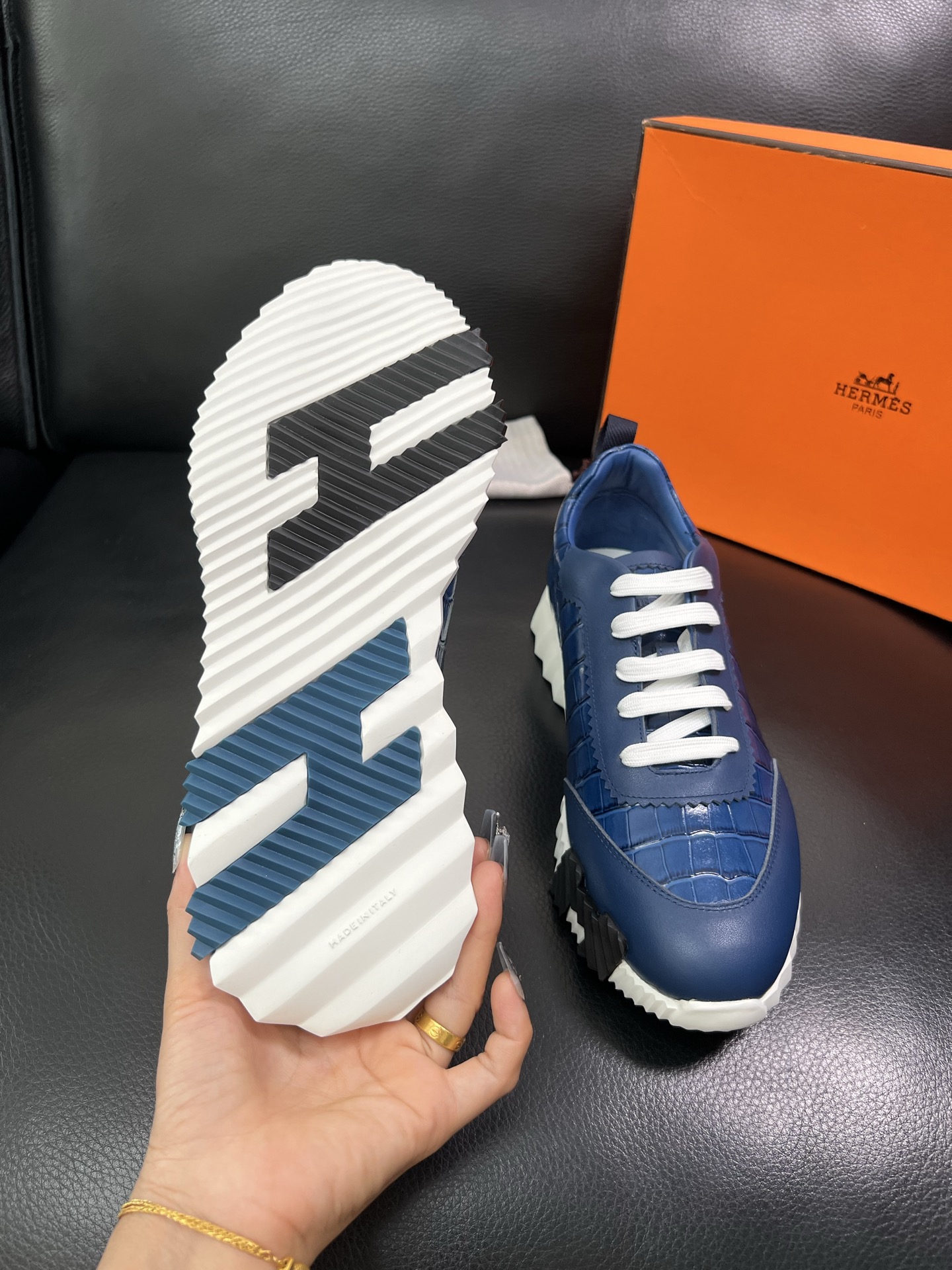 Hermes Croc-Embossed Leather Sneakers Blue