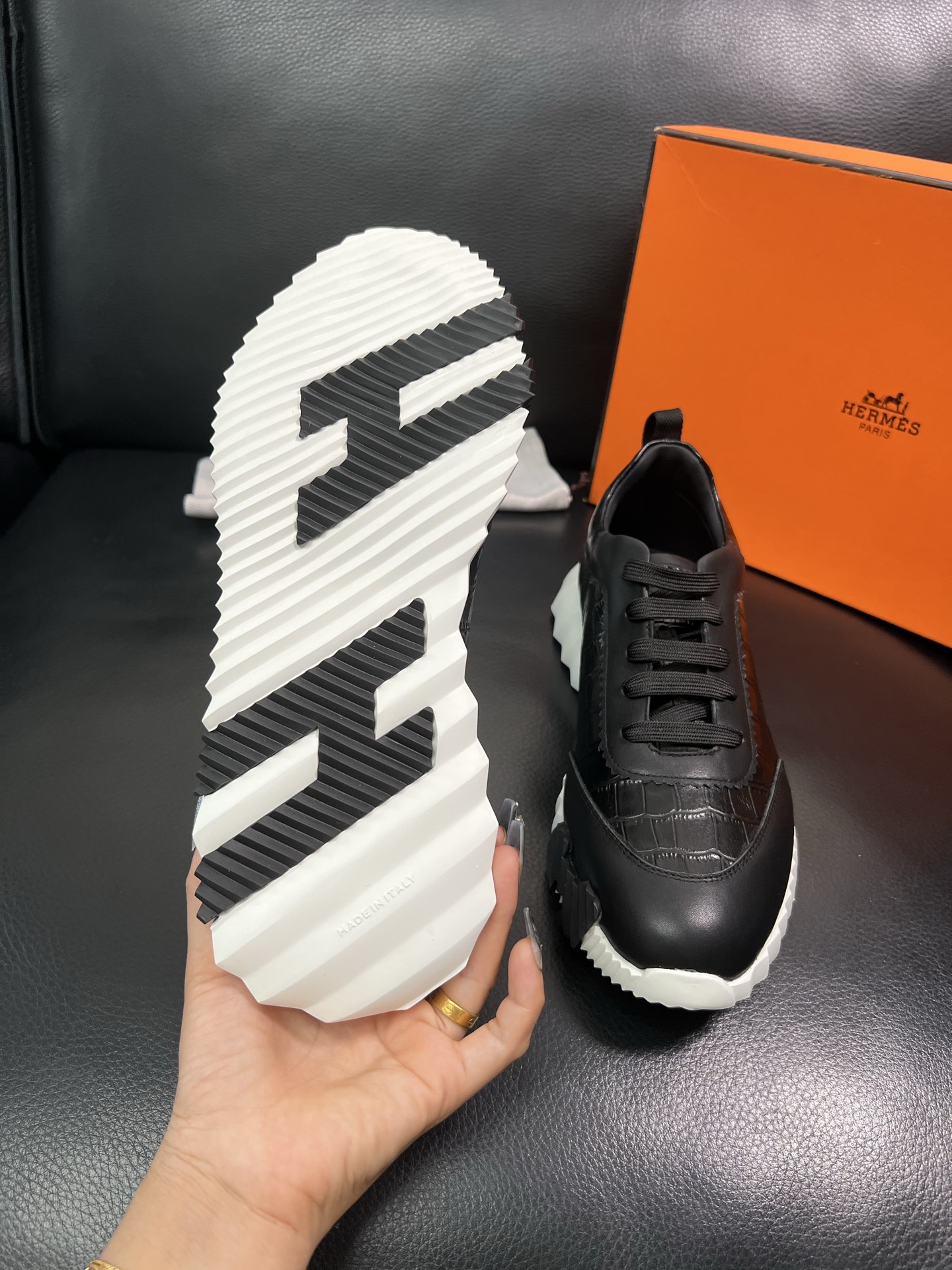Hermes Croc-Embossed Sneakers Black