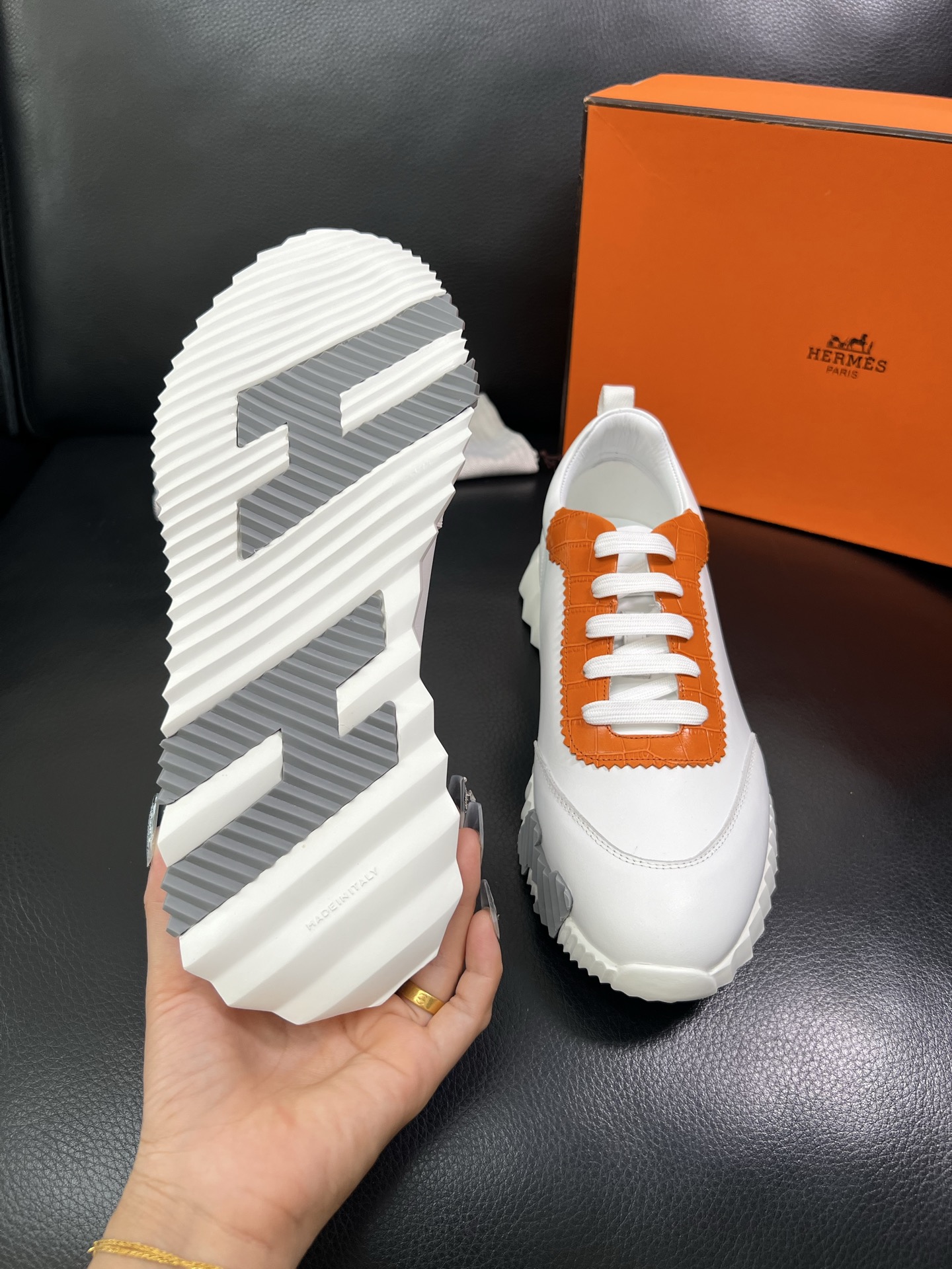Hermes Leather Chunky Sneakers White/Orange