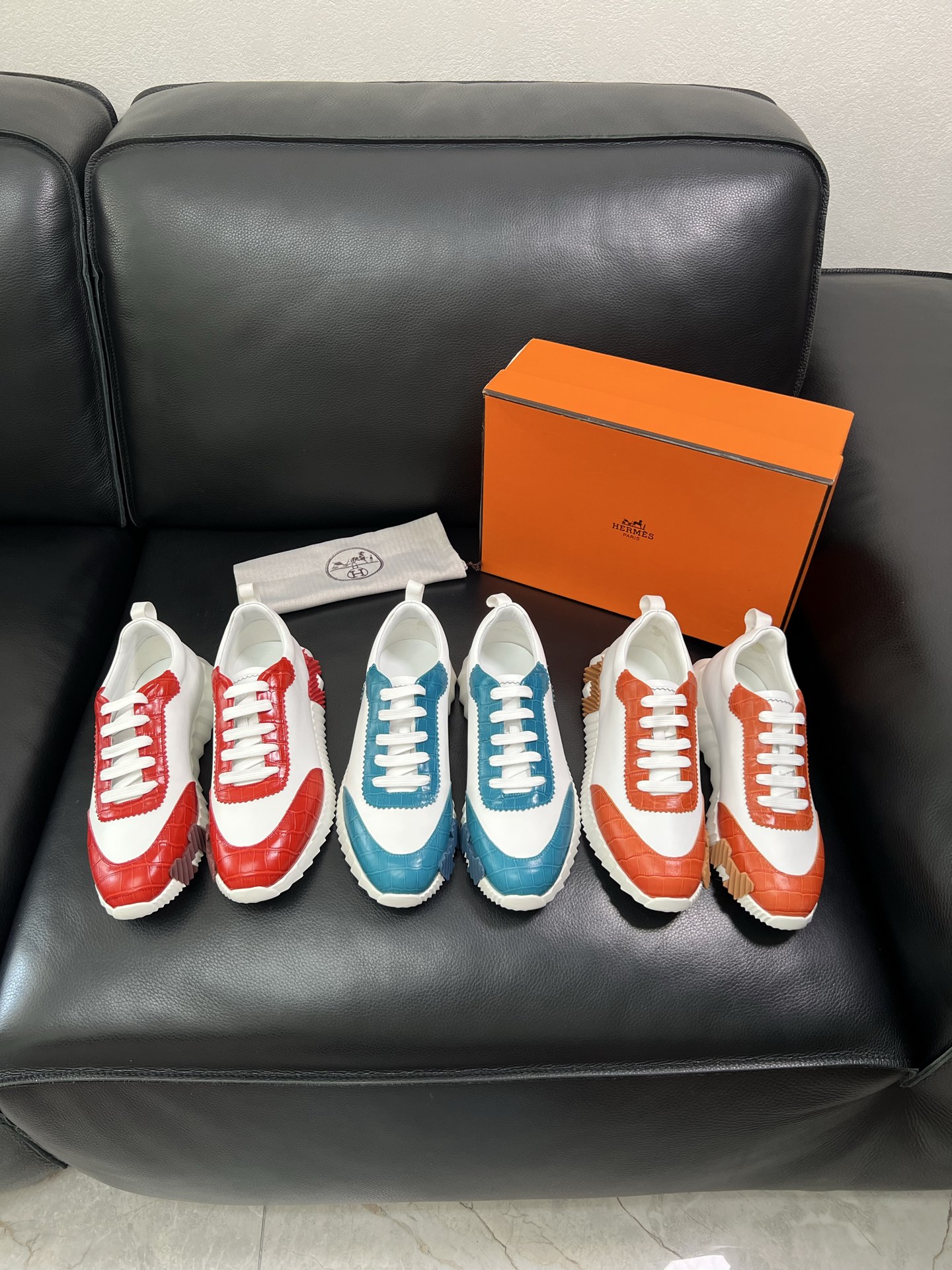 Hermes Leather Low-Top Sneakers Blue