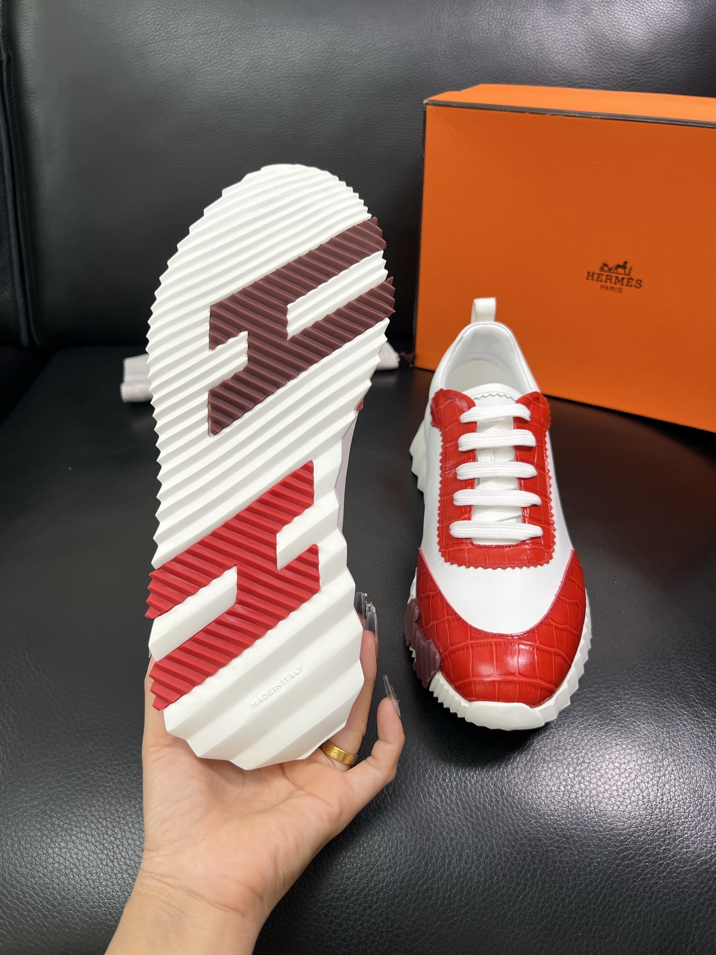 Hermes Leather Chunky Sneakers Red/White