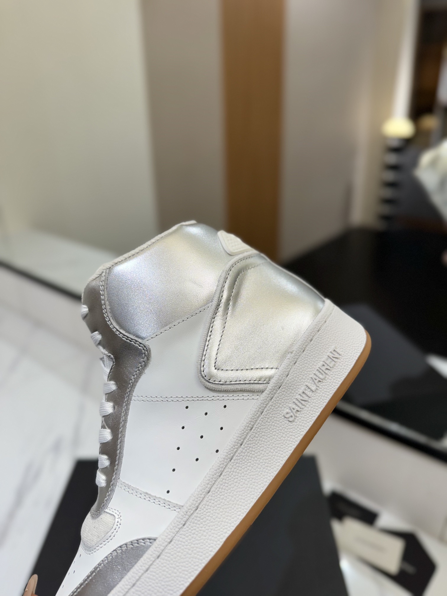 YSL SL61 Leather High-Top Sneakers Silver/White
