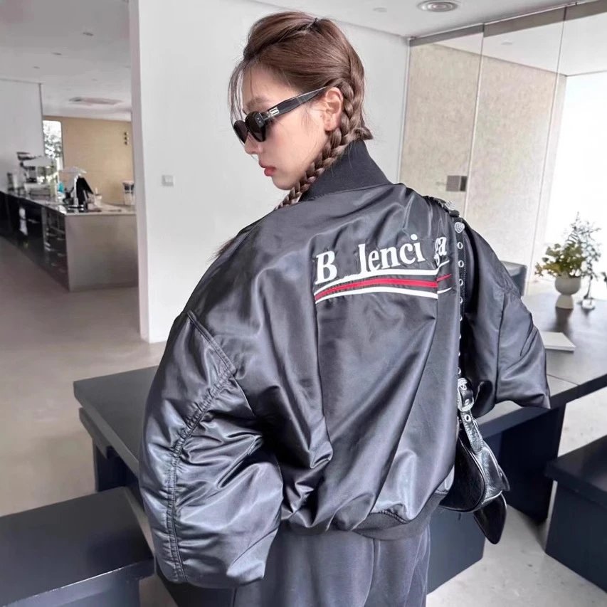 Balenciaga Embroidered Logo Bomber Jacket Black