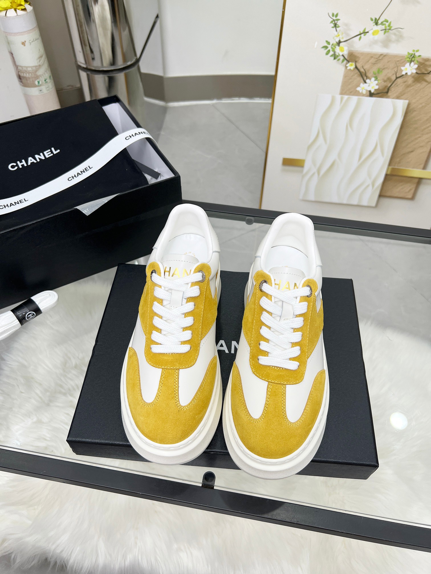 Chanel 25C Platform Sneakers White/Yellow