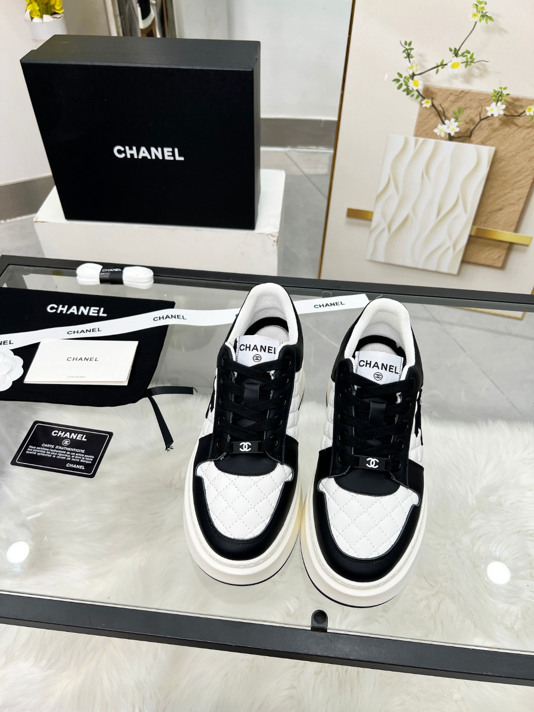 Chanel 25C Quilted Platform Sneakers Black/White