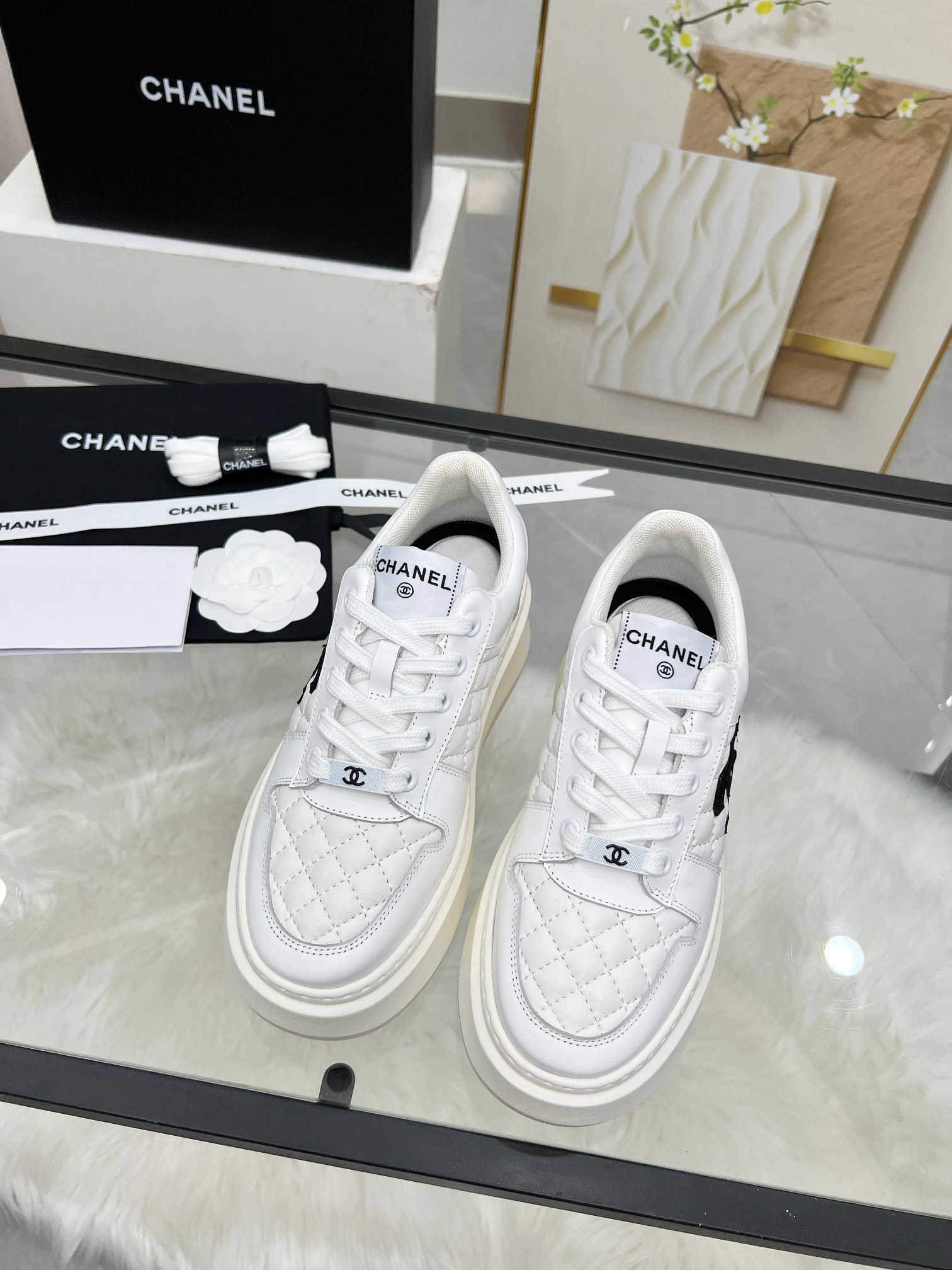 Chanel 25C Quilted Platform Sneakers White/Black
