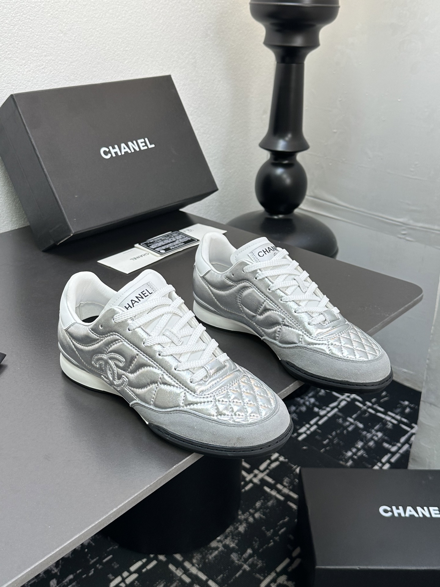 Chanel Quilted Leather Sneakers Silver