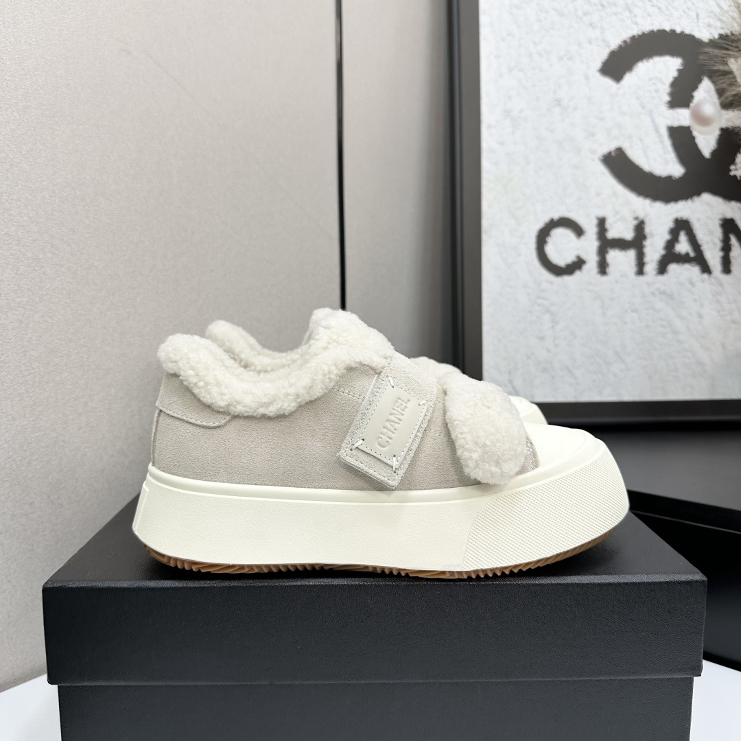 Chanel Shearling Strap Sneakers Beige