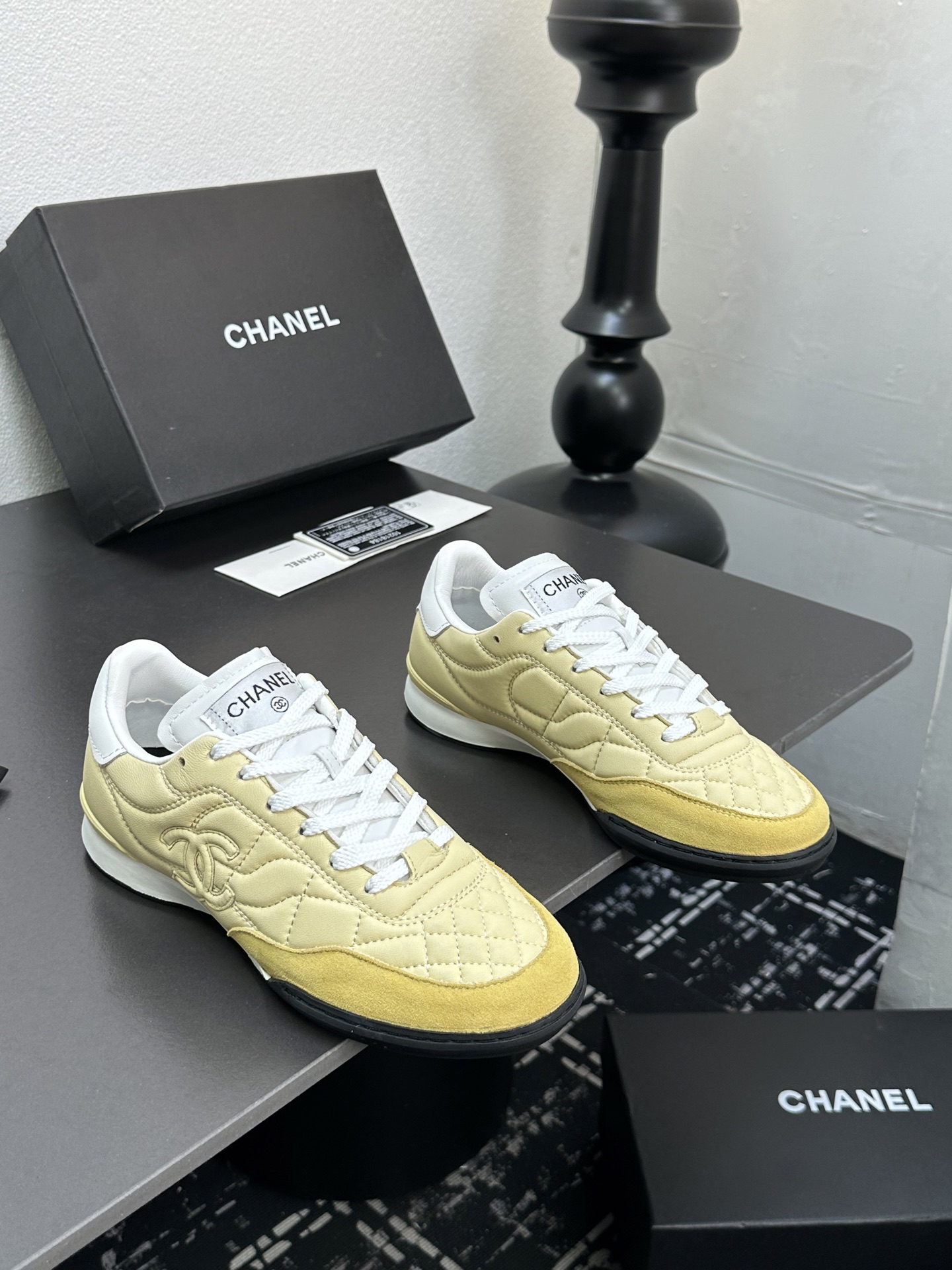 Chanel Quilted Leather Sneakers Beige