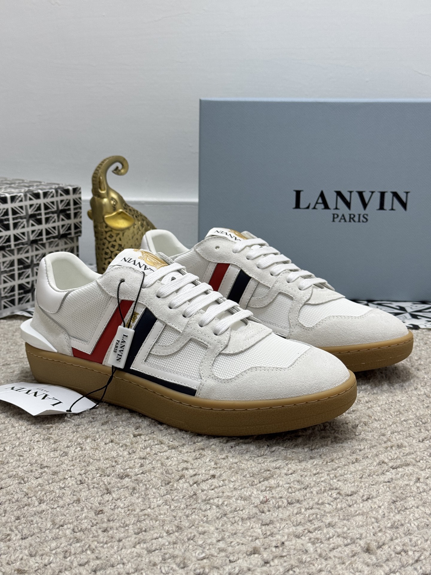 Lanvin Suede Mesh Low-Top Sneakers White/Red/Navy