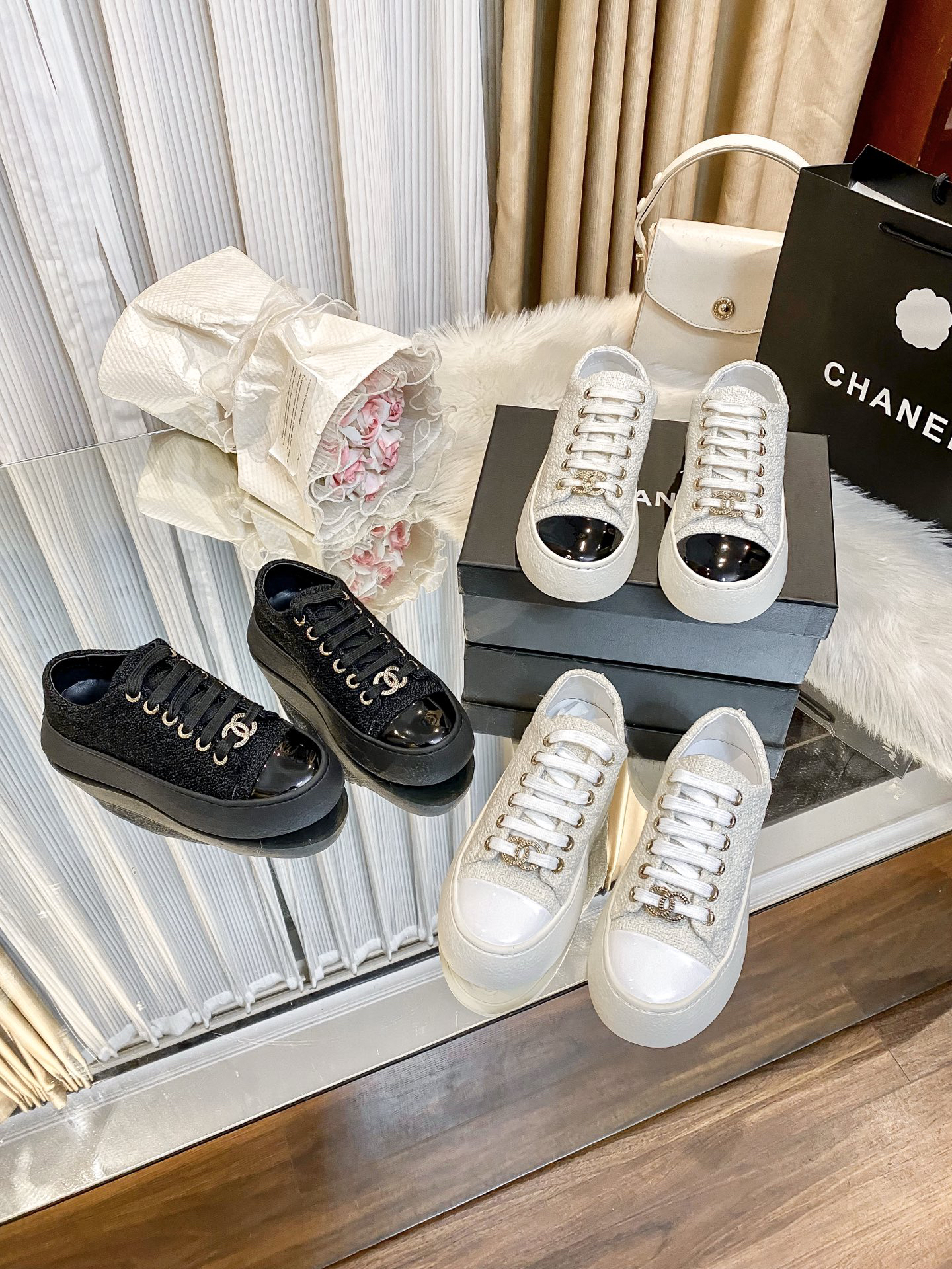 Chanel Tweed Platform Sneakers Black