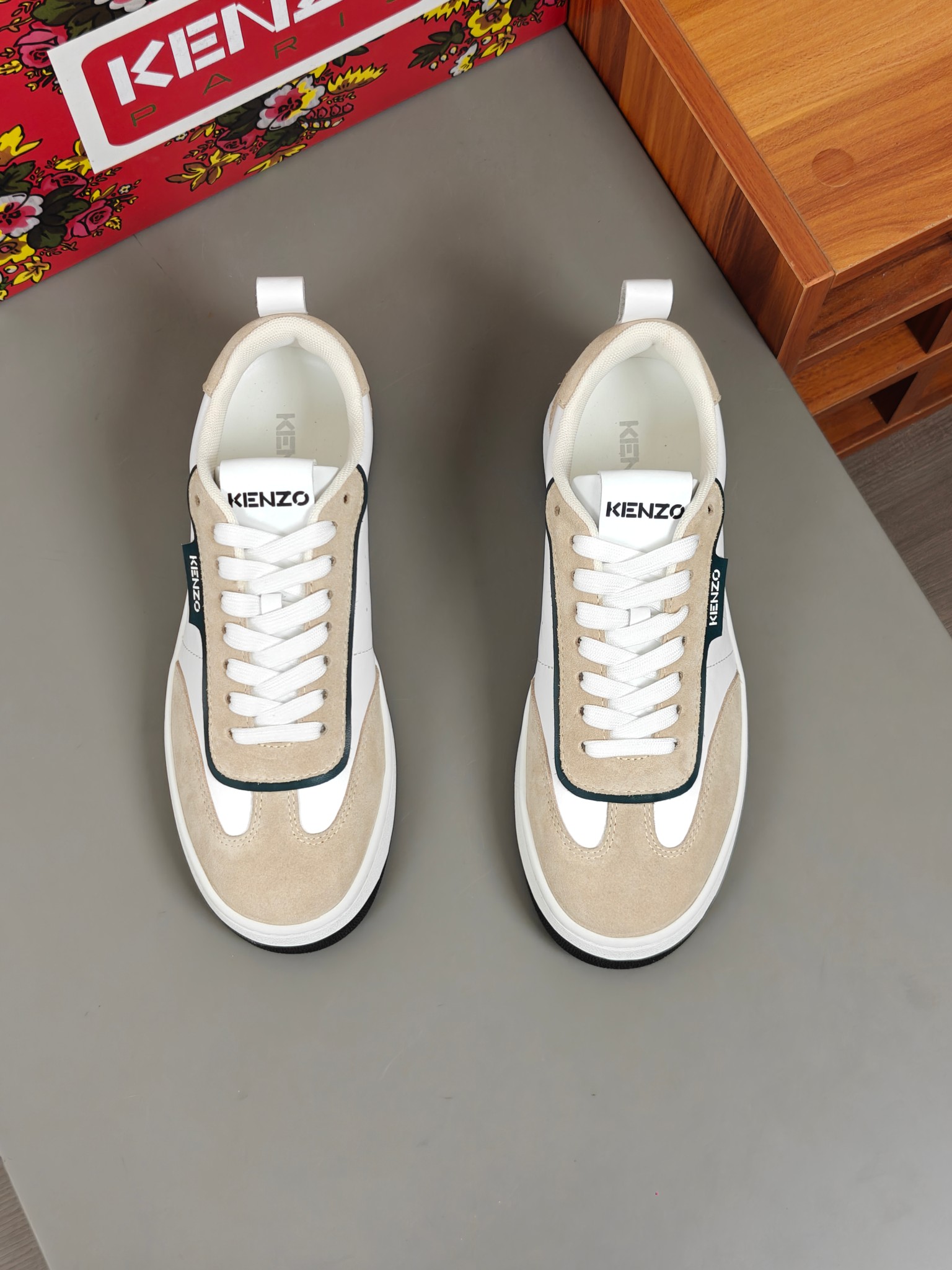 KENZO Calf Leather Low-Top Sneakers Beige