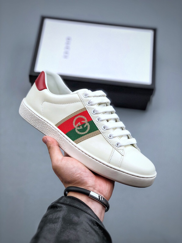 Gucci Ace Stripe Leather Sneakers Beige