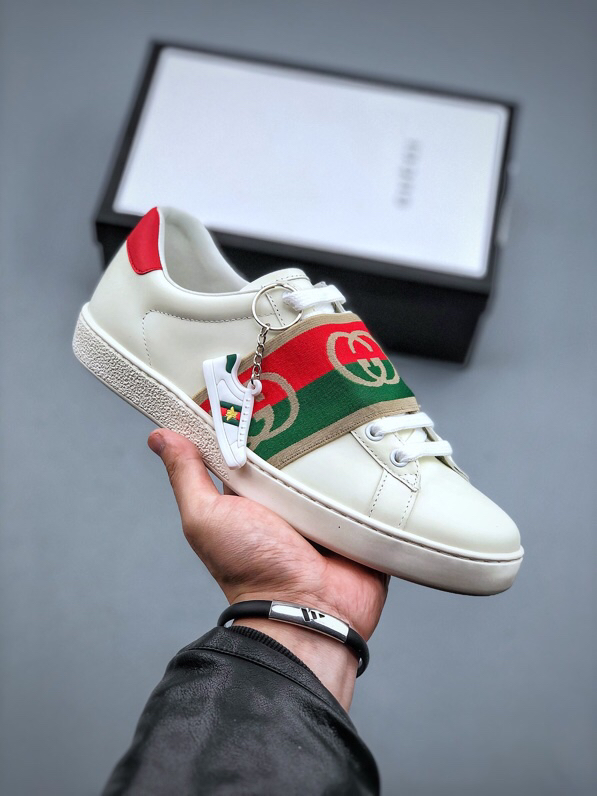 Gucci Ace Web Stripe Leather Sneakers Beige
