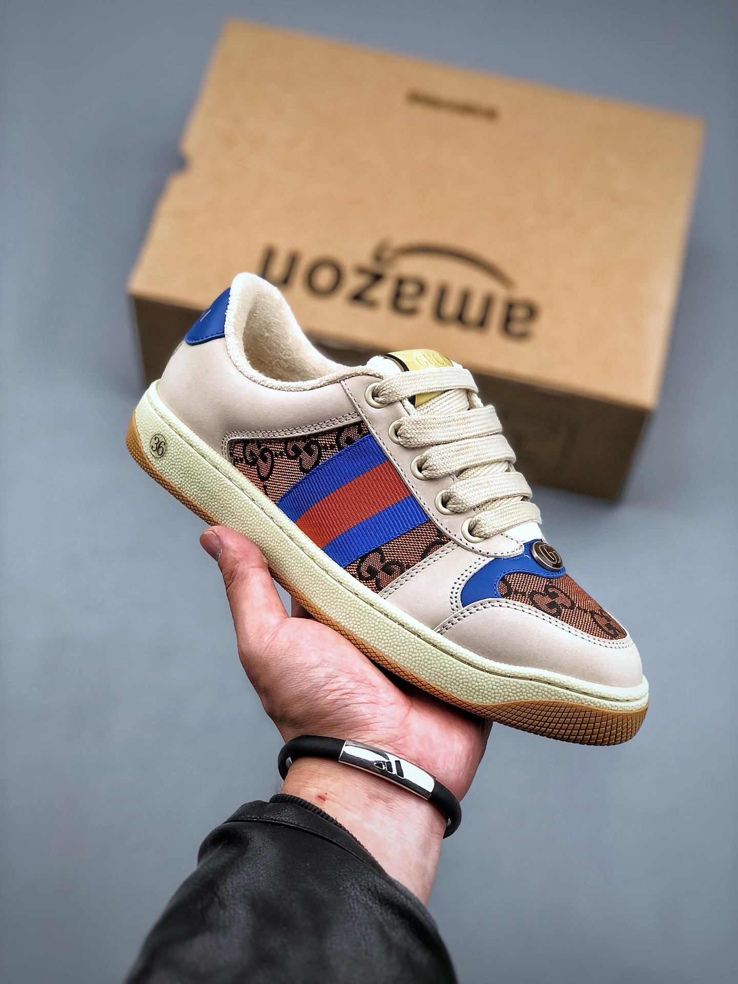 Gucci Screener Distressed Sneaker Beige/Blue/Red
