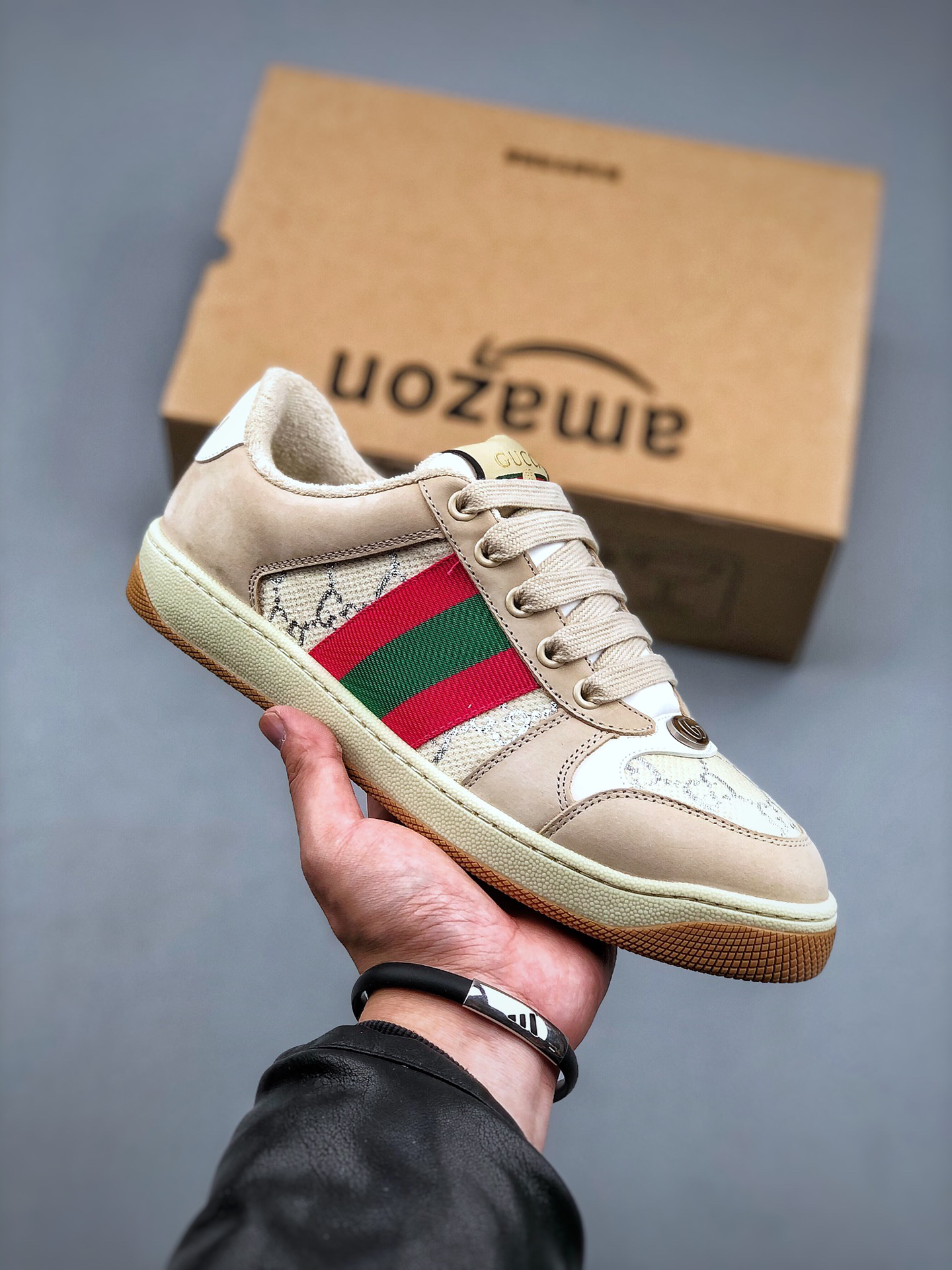 Gucci Distressed Screener Sneakers Beige