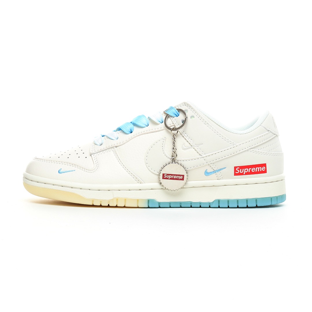 Nike SB Dunk Low Supreme Collab White Blue Sneakers, White/Blue