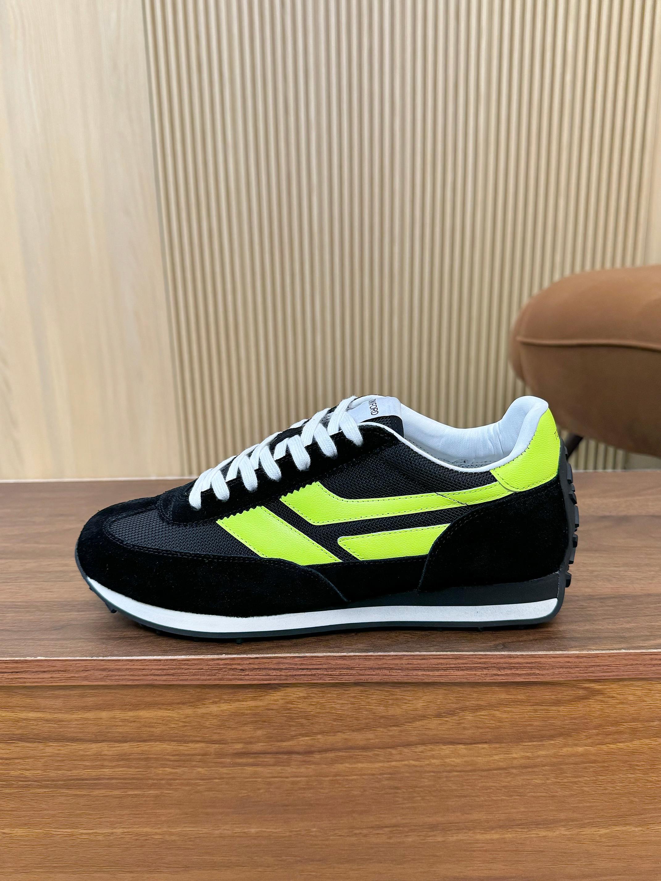 Tom Ford Mesh Suede Low-Top Sneakers Black/Neon Yellow