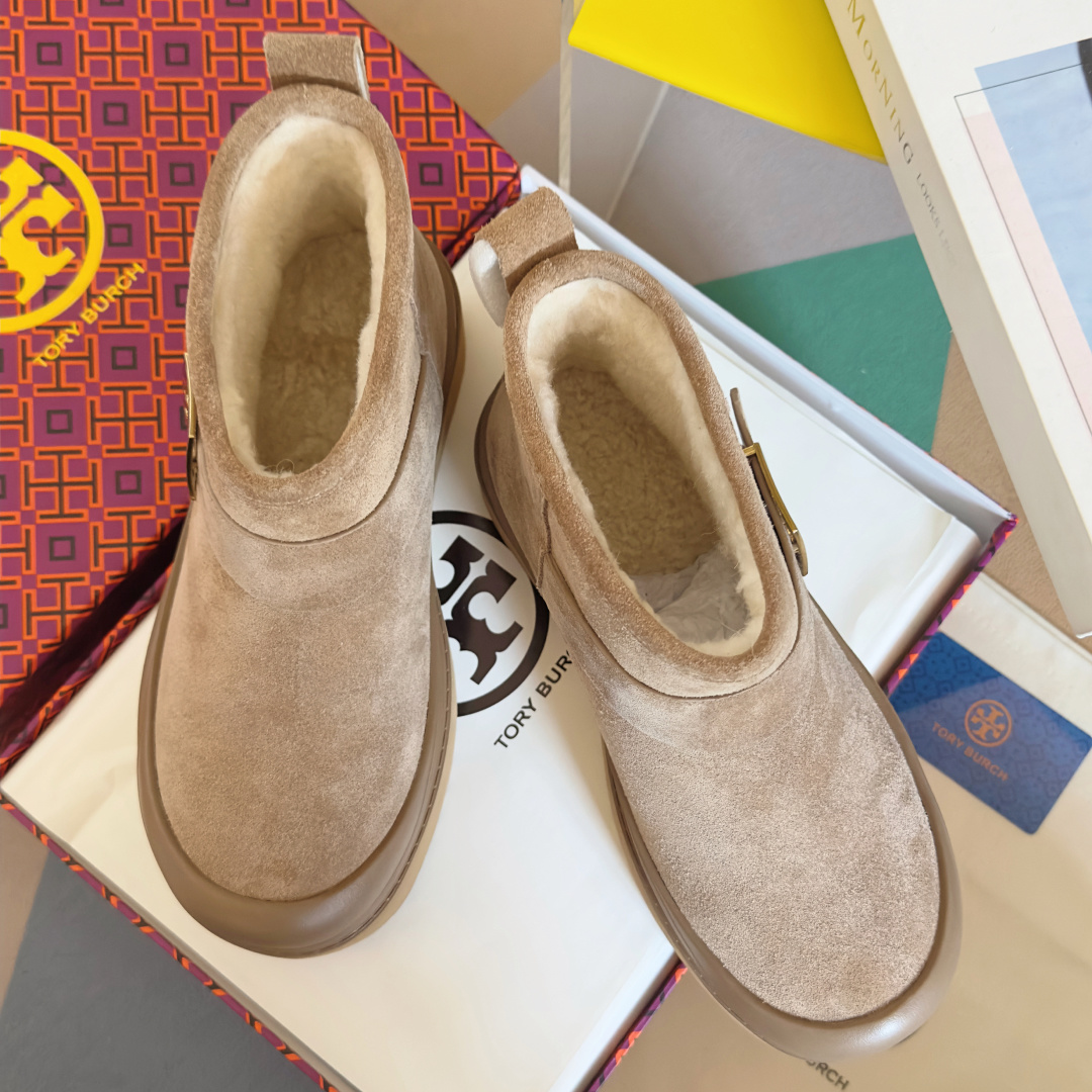 Tory Burch Mellow Shearling Platform Snow Boots Beige