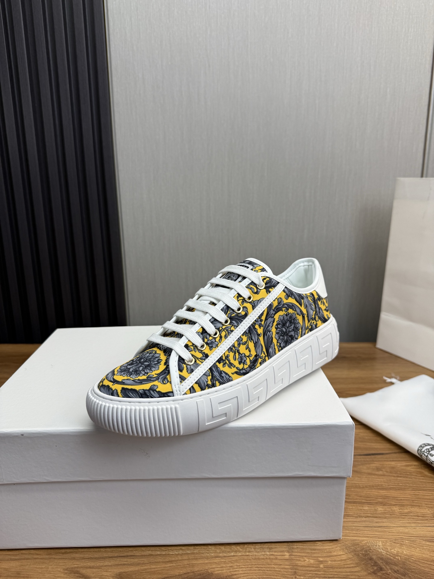 Versace Barocco Print Leather Sneakers Yellow