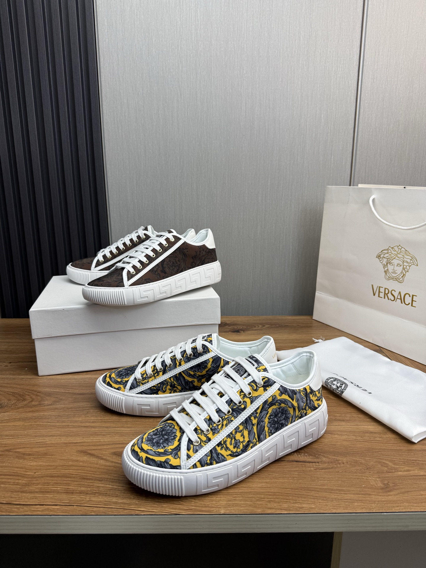 Versace Baroque Leather Sneakers Brown