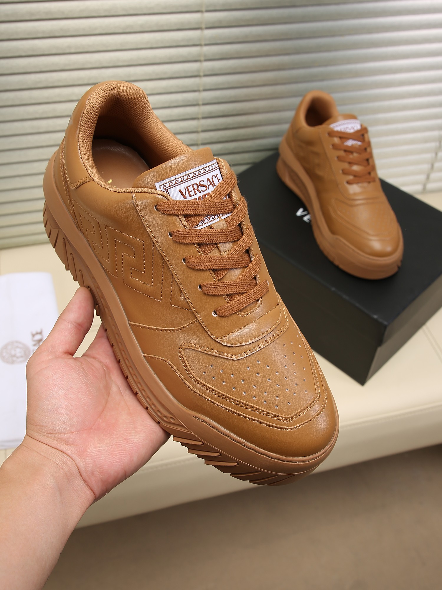 Versace Grace Labyrinth Knit Sneakers Brown