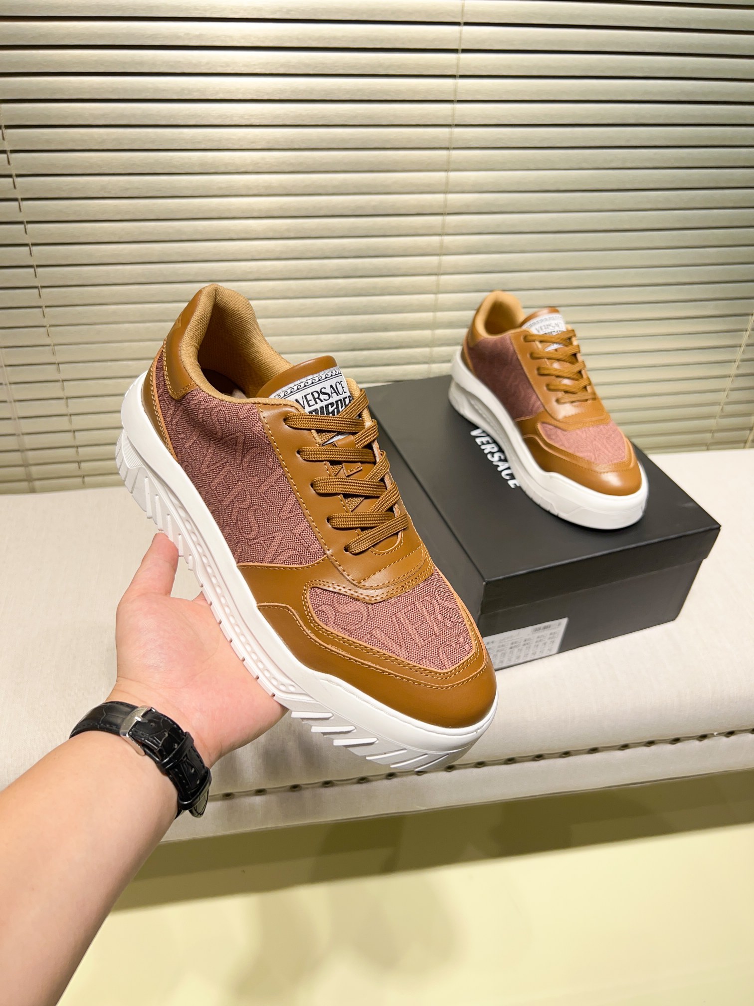 Versace Greca Knit Casual Sneakers Brown