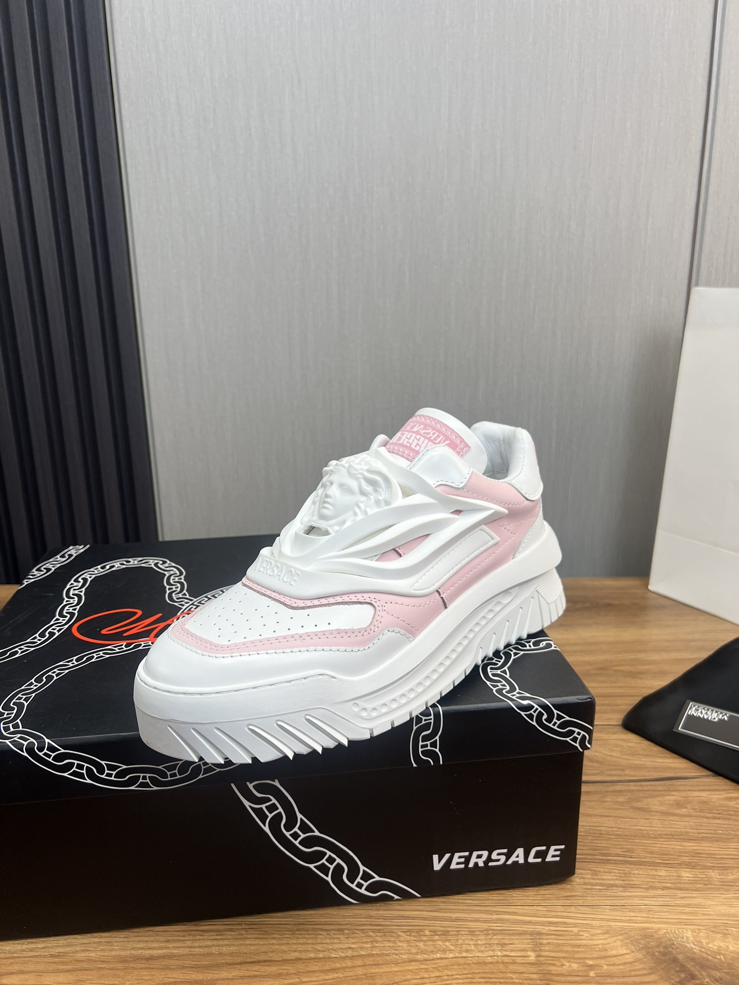 Versace Leather Chunky Sneakers White Pink