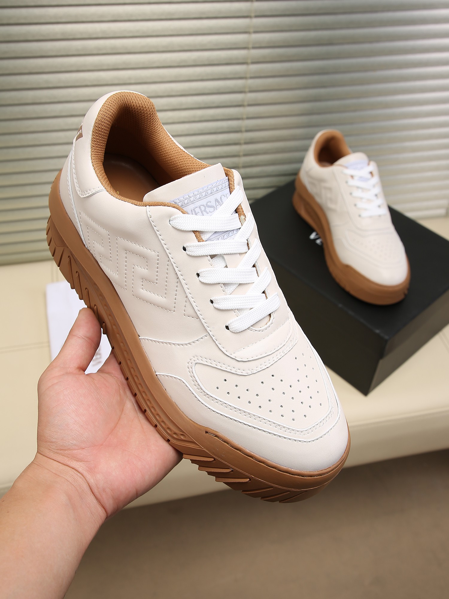 Versace Greek Key Chunky Sneakers White/Tan
