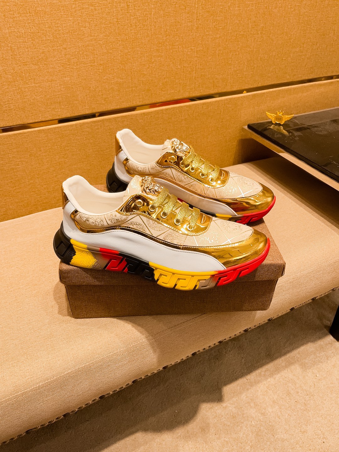 Versace Leather Runner Sneakers White Gold Multicolor